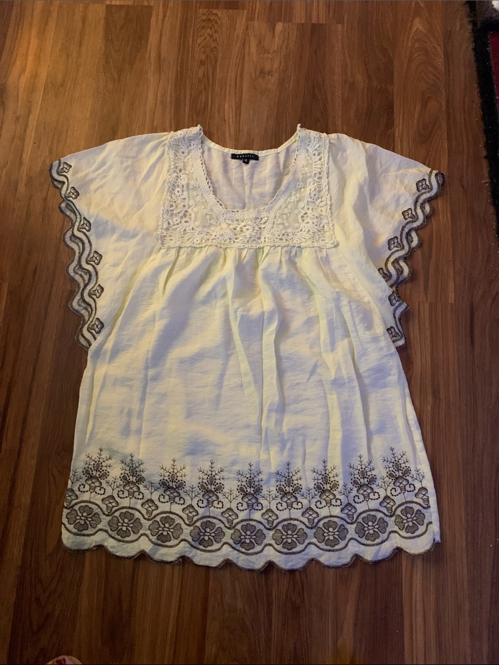 White Embroidered Flutter-Sleeve Tunic Top